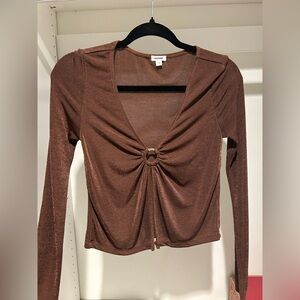 Garage Women's Keyhole Ring Brown Long Sleeve Pullover Crop Top Size S.